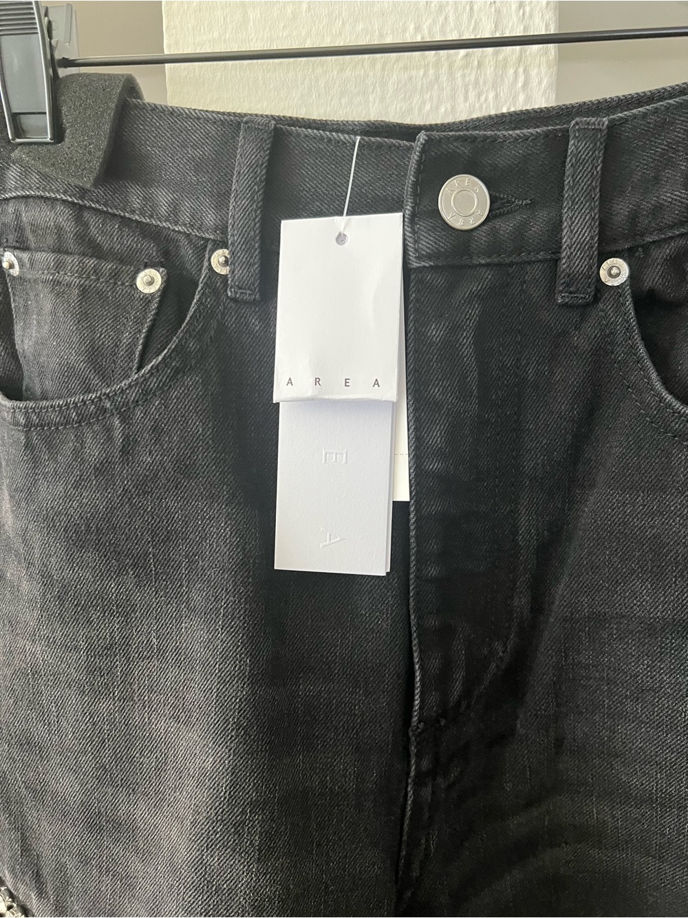 AREA Black Straight-Leg Jeans with Crystal Thigh Slits. - Picture 4 of 9